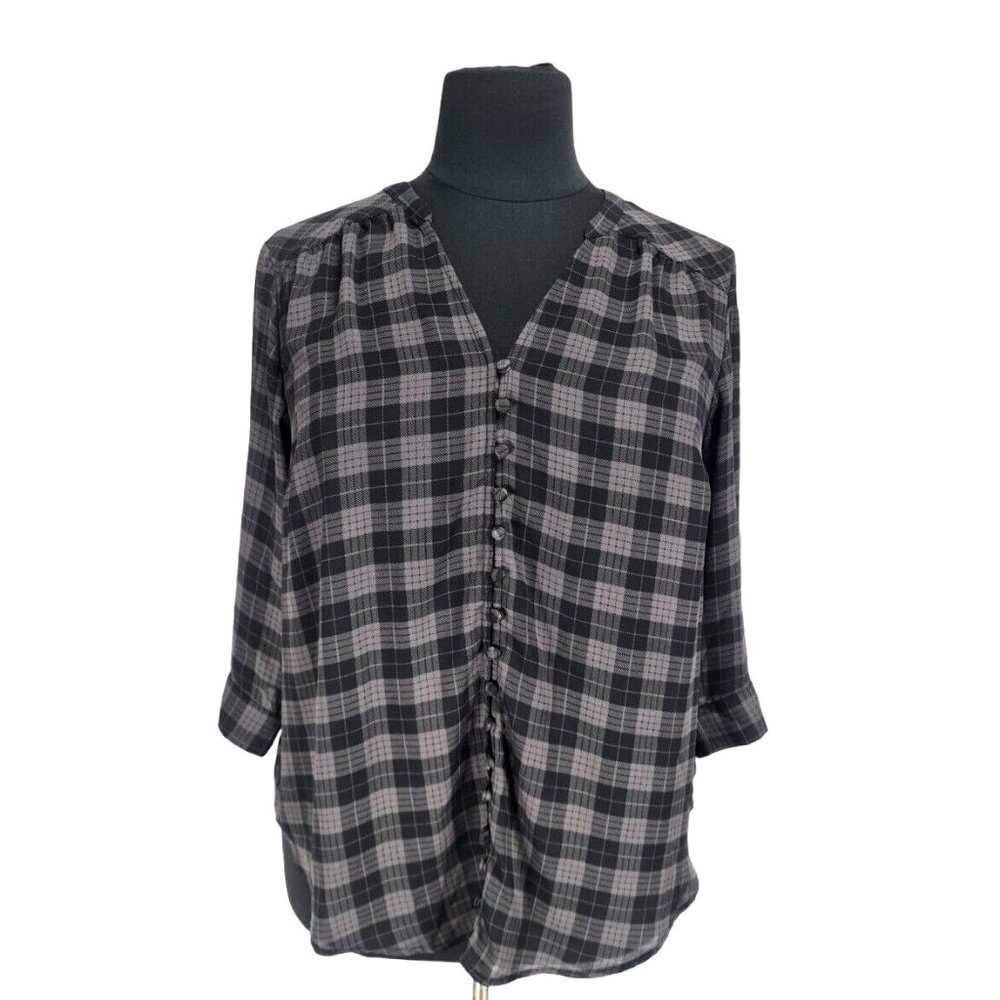 TORRID Womens Button Up Top 3/4 Sleeve Shirt Plus Size 2X Gray Plaid Chiffon 94P
